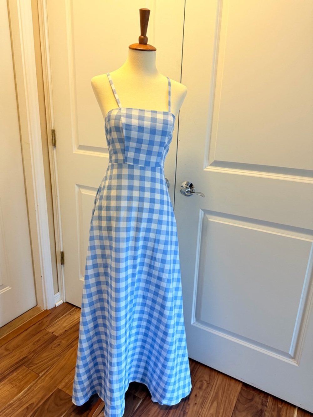 Blue Gingham Spaghetti-Strap Maxi Dress
